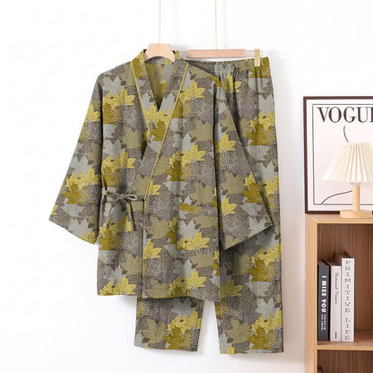 Maple Leaf Cotton Kimono Pajama Set - Gray & Yellow - XL - image 23