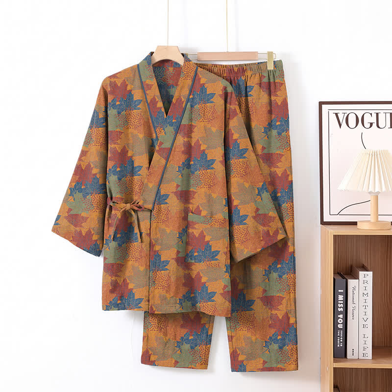 Maple Leaf Cotton Kimono Pajama Set - Orange & Blue - XL - image 31
