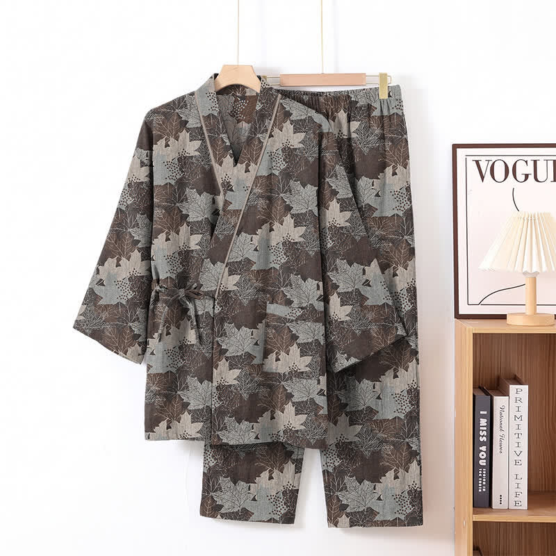 Maple Leaf Cotton Kimono Pajama Set - Brown & Gray - XL - image 47