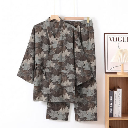 Maple Leaf Cotton Kimono Pajama Set - Brown & Gray - XL - image 47