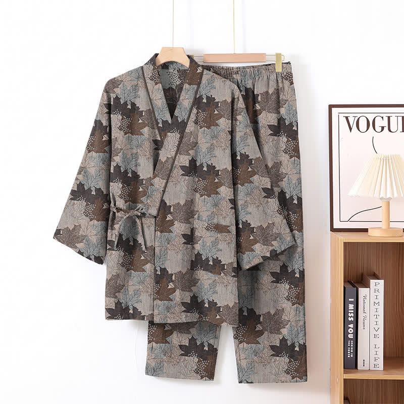 Maple Leaf Cotton Kimono Pajama Set - Gray & Brown - XL - image 55