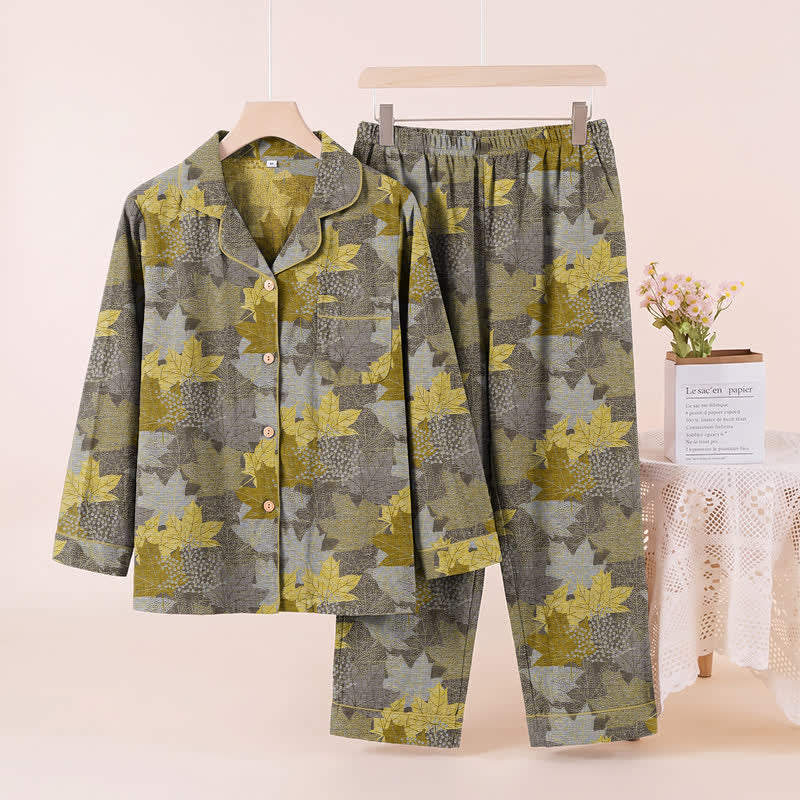 Fall Maple Leaf Cotton Loungewear Set - Gray & Yellow - XL - image 18