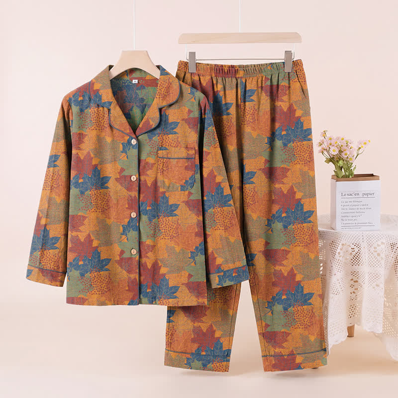 Fall Maple Leaf Cotton Loungewear Set - Orange & Blue - XL - image 24