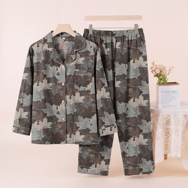 Fall Maple Leaf Cotton Loungewear Set - Brown & Gray - XL - image 36
