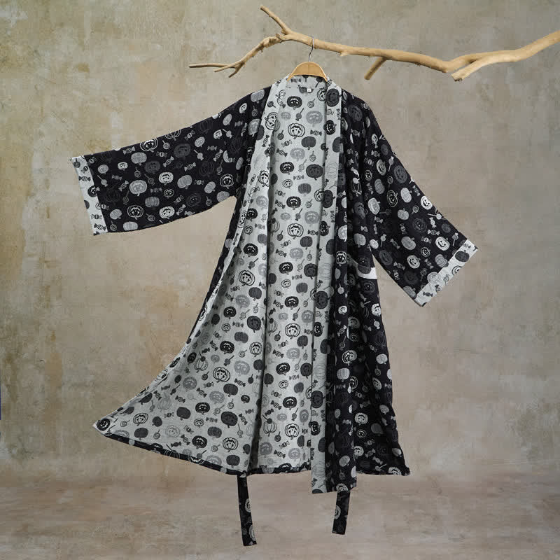 Halloween Pumpkin Candy Cotton Kimono Robe - Black - 2XL - image 0