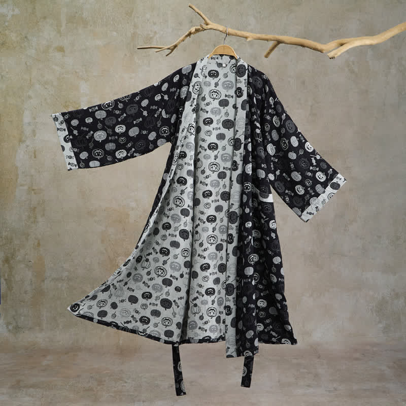 Halloween Pumpkin Candy Cotton Kimono Robe - Black - 2XL - image 0