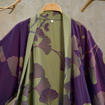 Retro Ginkgo Leaf Cotton Kimono Robe - image 3