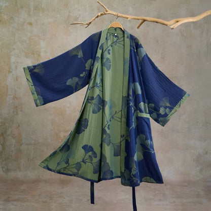Retro Ginkgo Leaf Cotton Kimono Robe - Deep Blue & Grass green - XL - image 8