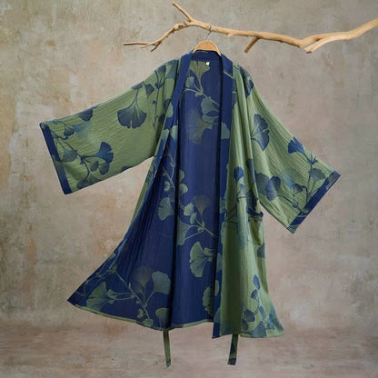 Retro Ginkgo Leaf Cotton Kimono Robe - Glass Green & Deep Blue - XL - image 15