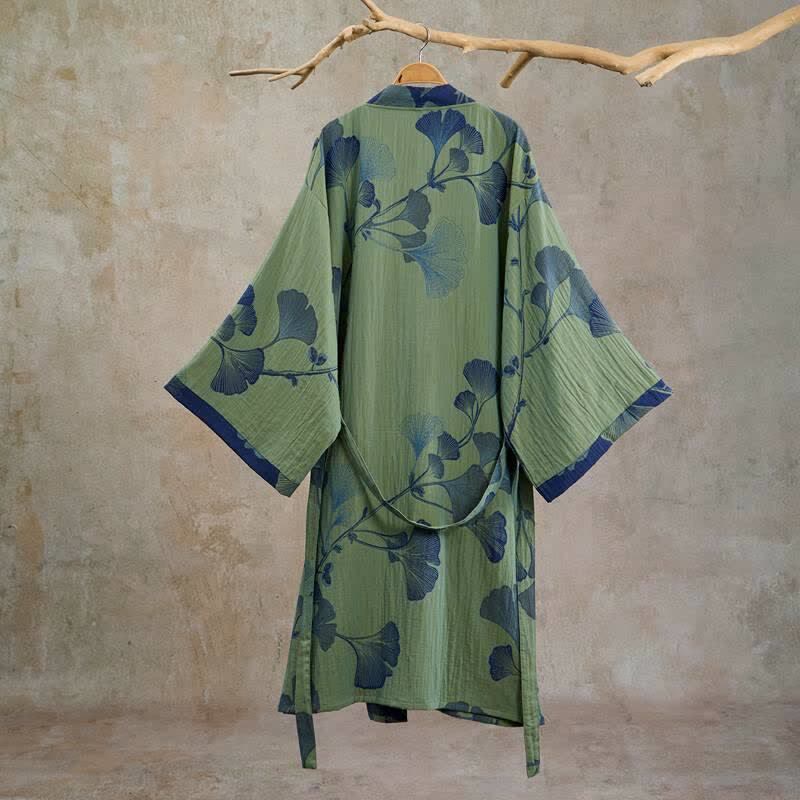 Retro Ginkgo Leaf Cotton Kimono Robe - image 16