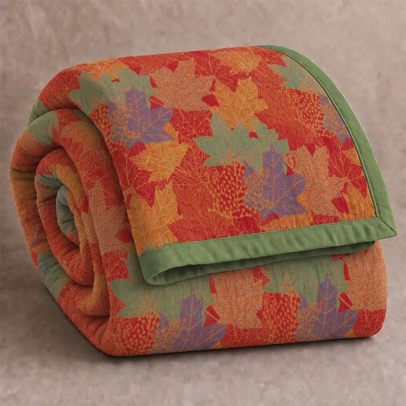 Colorful Fall Maple Leaf Cotton Blanket - Red & Green - Blanket - Cal King - image 0