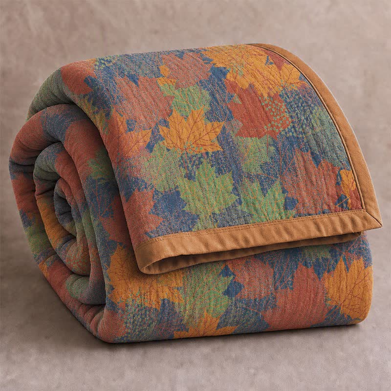 Colorful Fall Maple Leaf Cotton Blanket - Blue & Orange - Blanket - Cal King - image 20