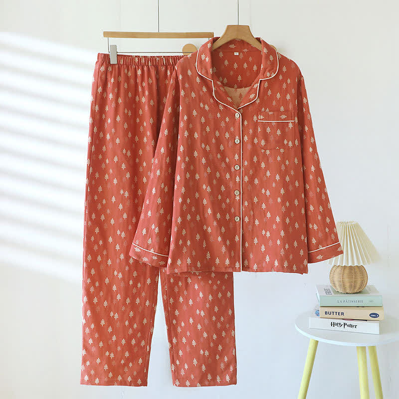 Relaxed Piped Cotton Maple Leaf Loungewear Set - Brown - XL - image 0
