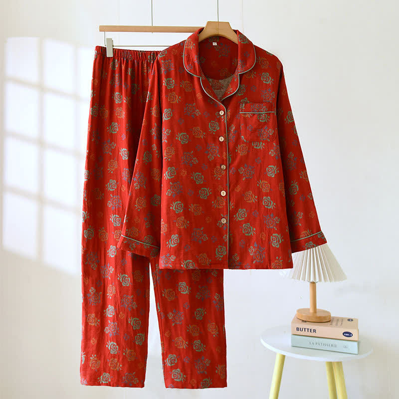 Yarn-dyed Rose Lapel Cotton Pajama Set - image 0