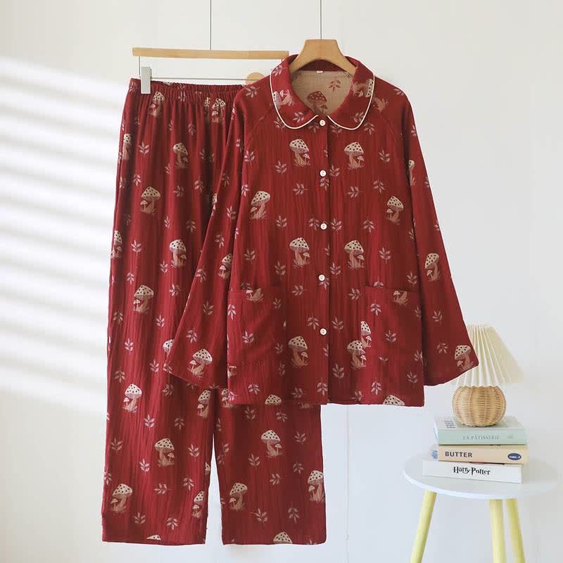 Vintage Mushroom Print Cotton Loungewear Set - Red - XL - image 0
