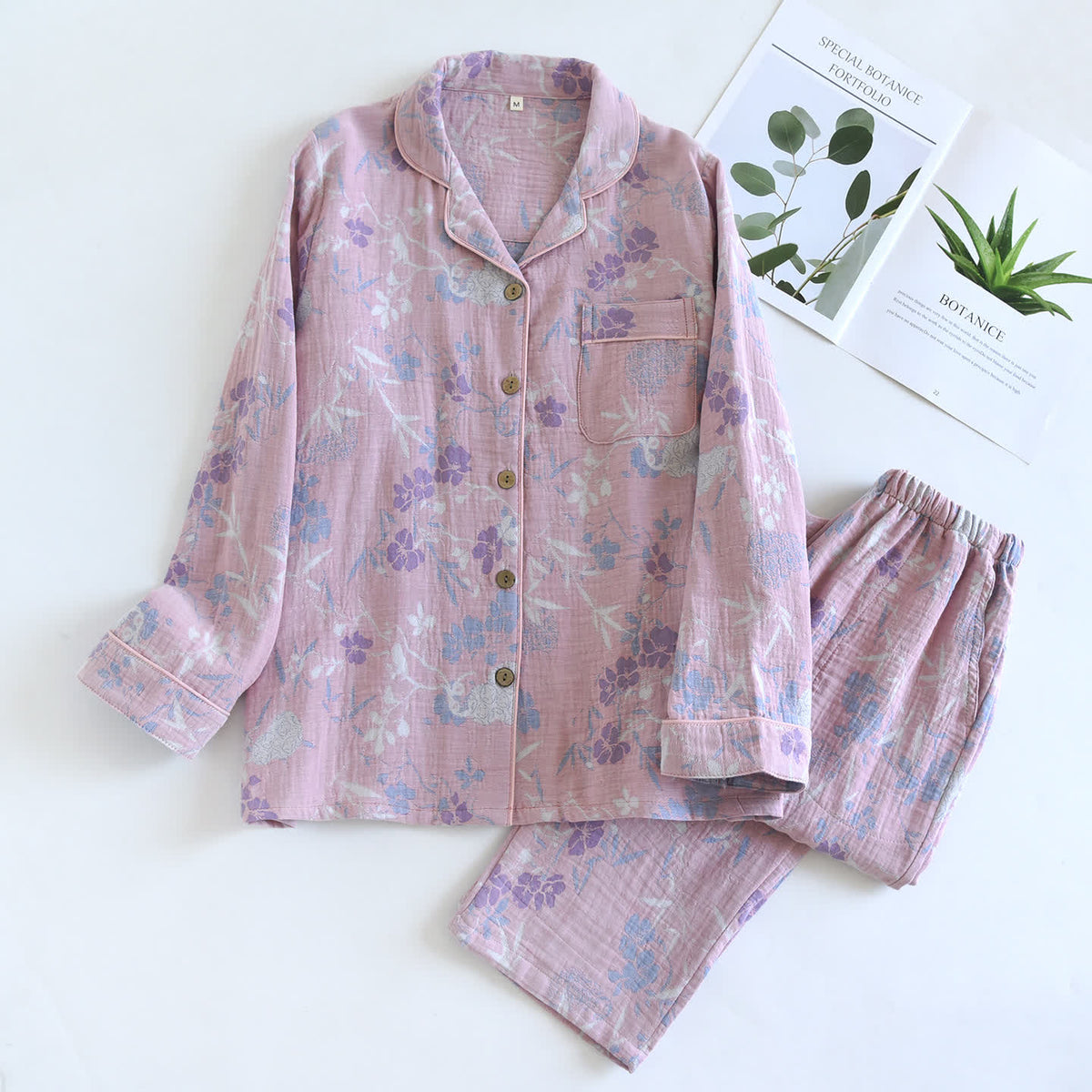 Wisteria Floral Cotton Gauze Sleep Set - Pink - XL - image 1