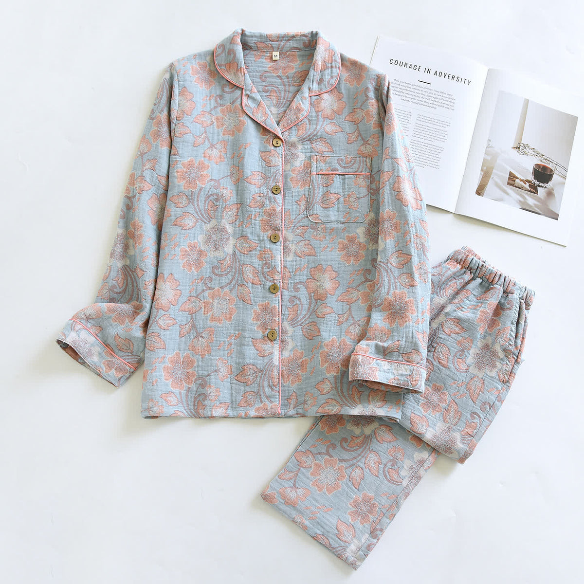 Breezy Floral Cotton Gauze Loungewear Set - Gray Blue - XL - image 12