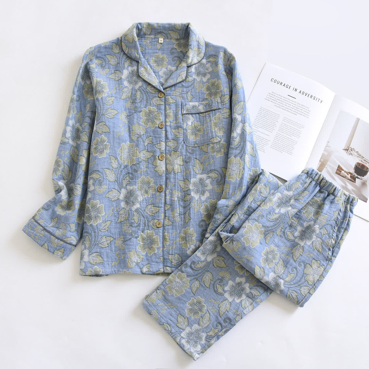 Breezy Floral Cotton Gauze Loungewear Set - Blue - XL - image 1
