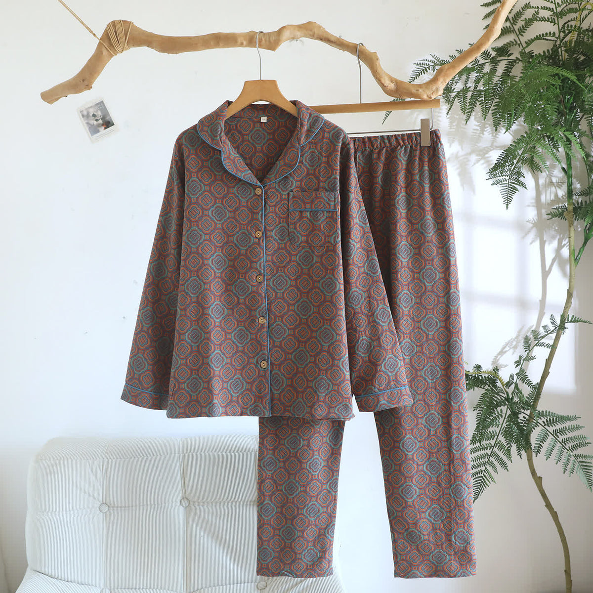 Minimal Cotton Gauze Printed Sleepwear Set - Brown - XL - image 12