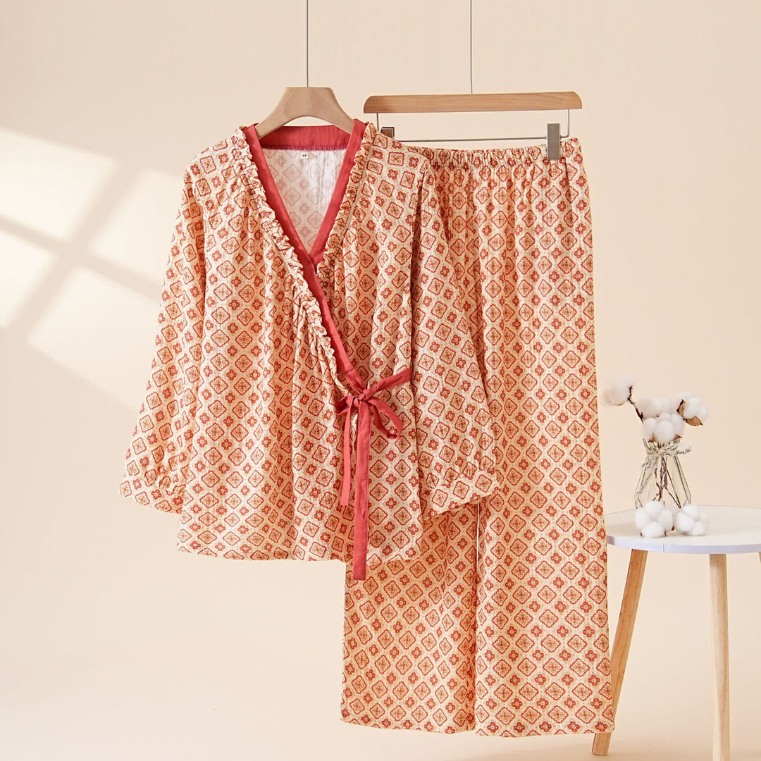 Geometric Ruffle Trim Cotton Loungewear Set - Beige - XL - image 0
