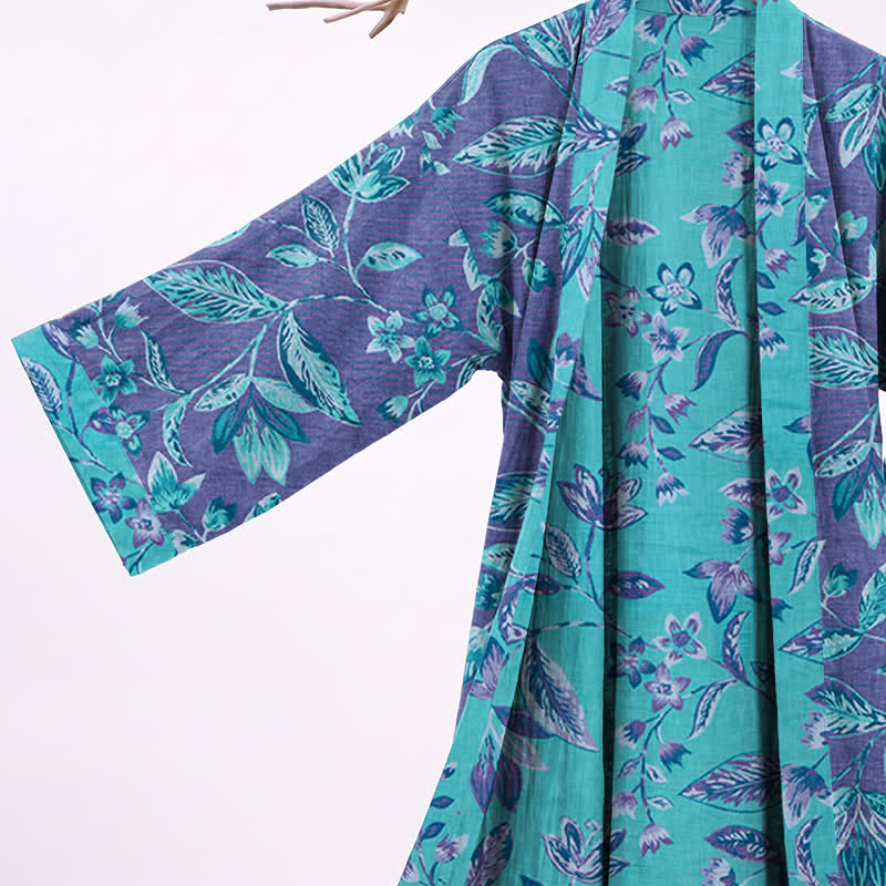 Blue & Purple Leaf Cotton Kimono Robe - image 9