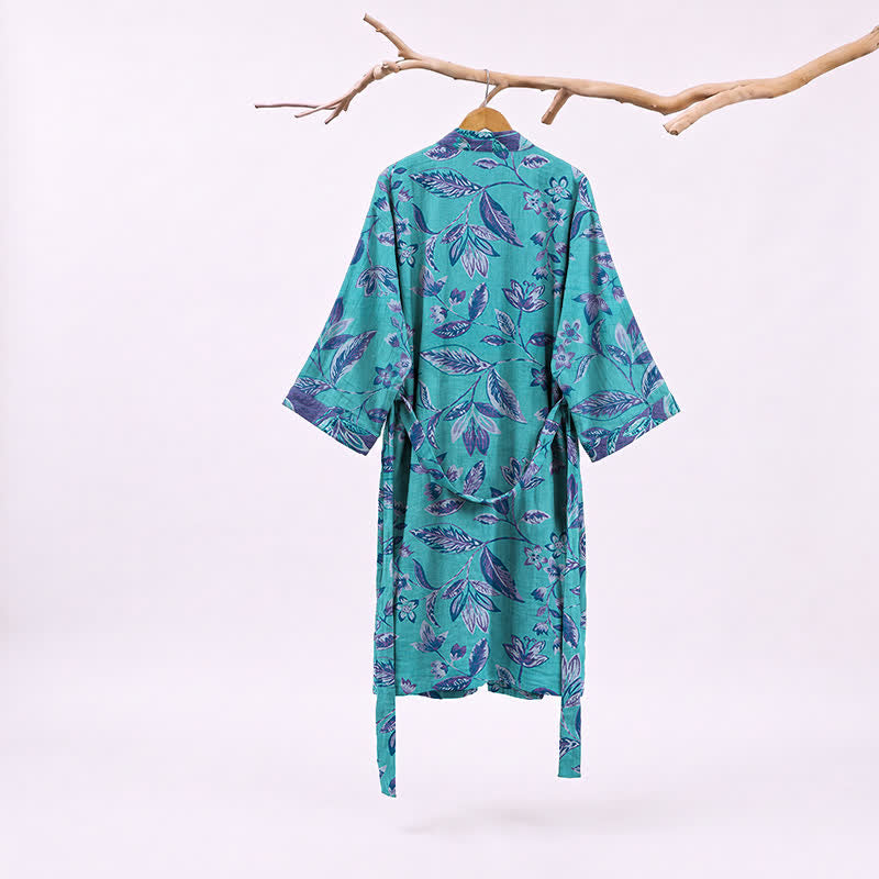 Blue & Purple Leaf Cotton Kimono Robe - image 1