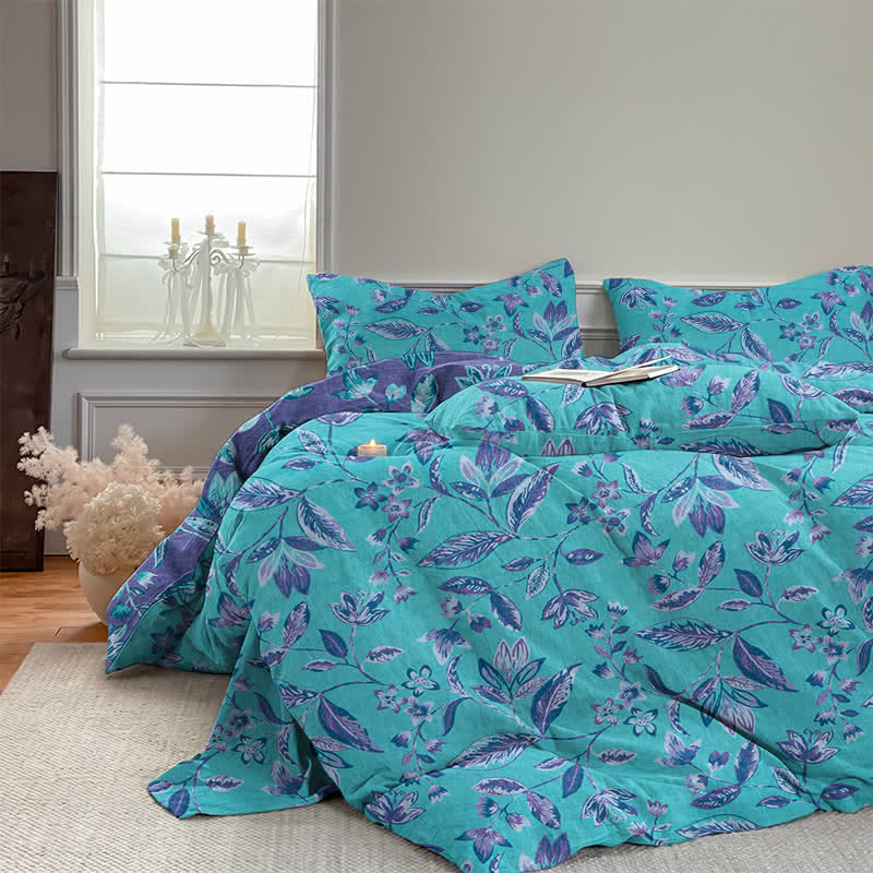 Blue & Purple Leaf Cotton Duvet Cover Bedding Set - image 5