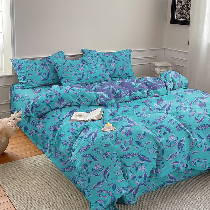 Blue & Purple Leaf Cotton Duvet Cover Bedding Set - image 3