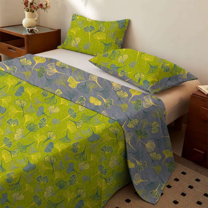 Vintage Green Ginkgo Leaf Cotton Bedspread Set - Green - Bedspread with 2PCS Pillowcases - King - image 0