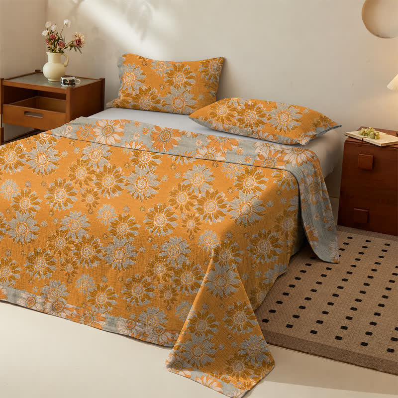 Sunflower Garden Cotton Gauze Bedspread - Orange - Bedspread with 2PCS Pillowcases - King - image 0