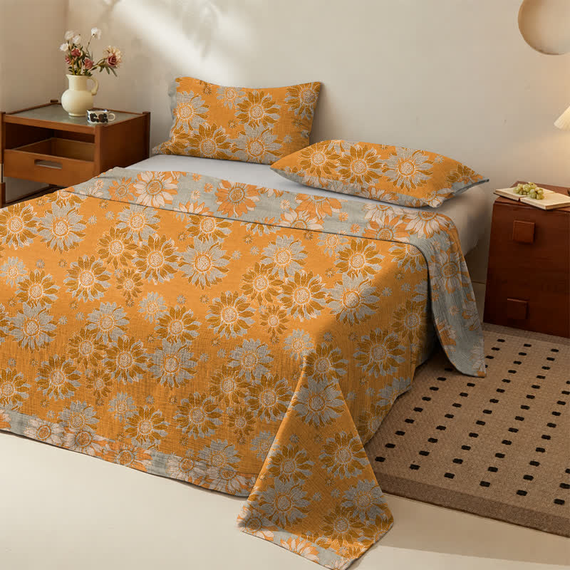 Sunflower Garden Cotton Gauze Bedspread - Orange - Bedspread with 2PCS Pillowcases - King - image 0