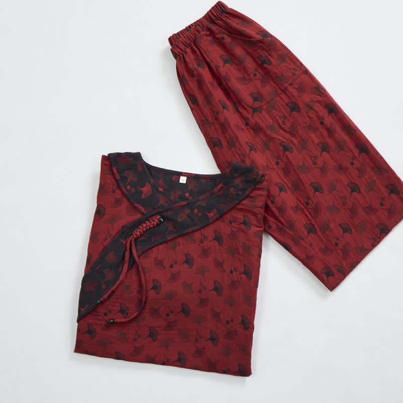 Ginkgo Leaf Oriental Tassel Cotton Pajamas - image 3