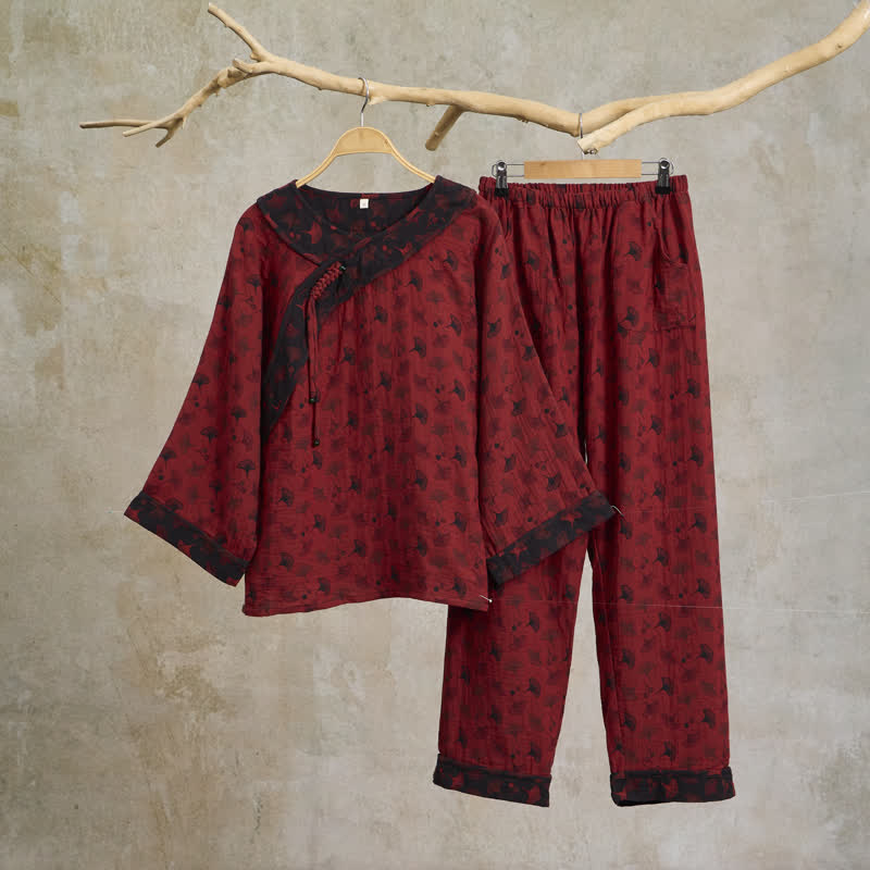 Ginkgo Leaf Oriental Tassel Cotton Pajamas - 2XL - image 0