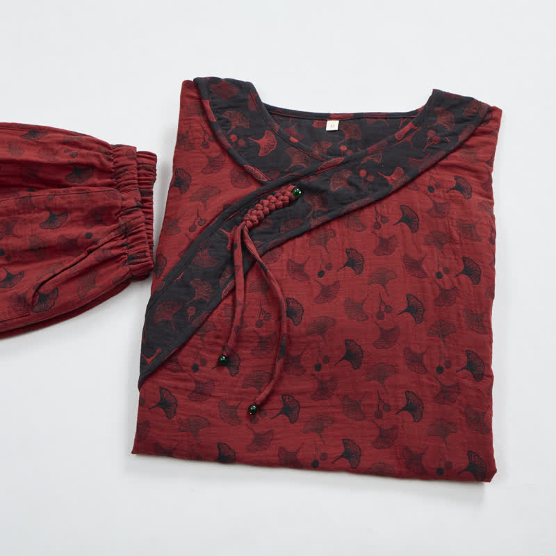 Ginkgo Leaf Oriental Tassel Cotton Pajamas - image 2