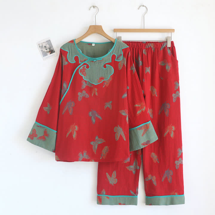 Vintage Butterfly Cotton Frog Button Pajama Set - Red - XL - image 0