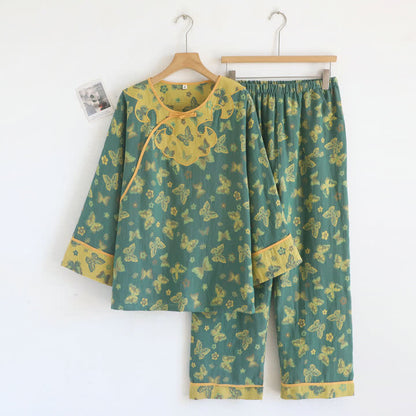 Pastoral Butterfly Cotton Gauze Lounge Set - Green - XL - image 0