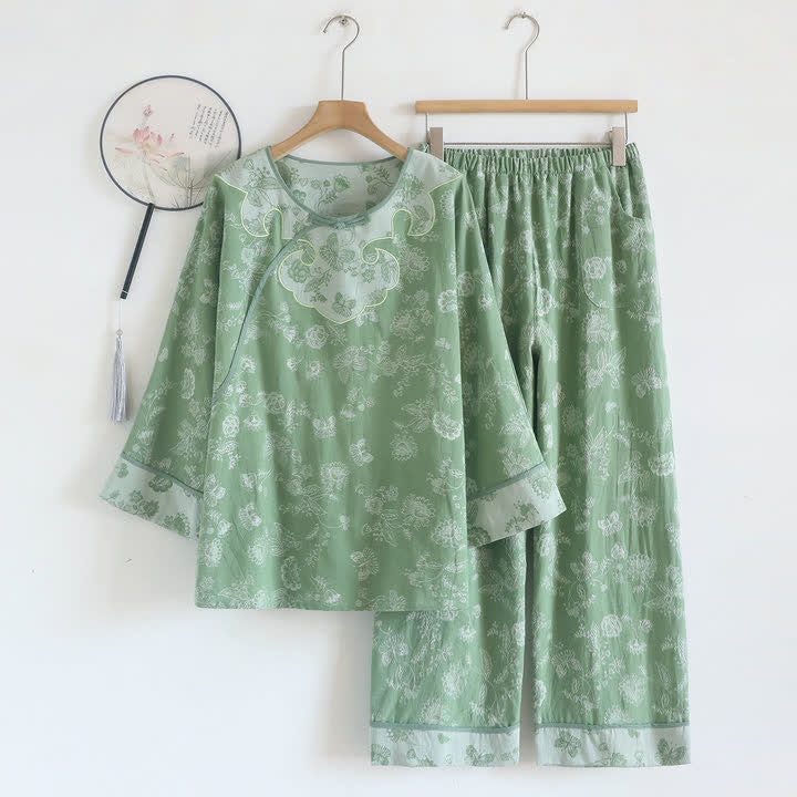 Elegant Cotton Gauze Frog Button Pajama Set - Green - XL - image 0
