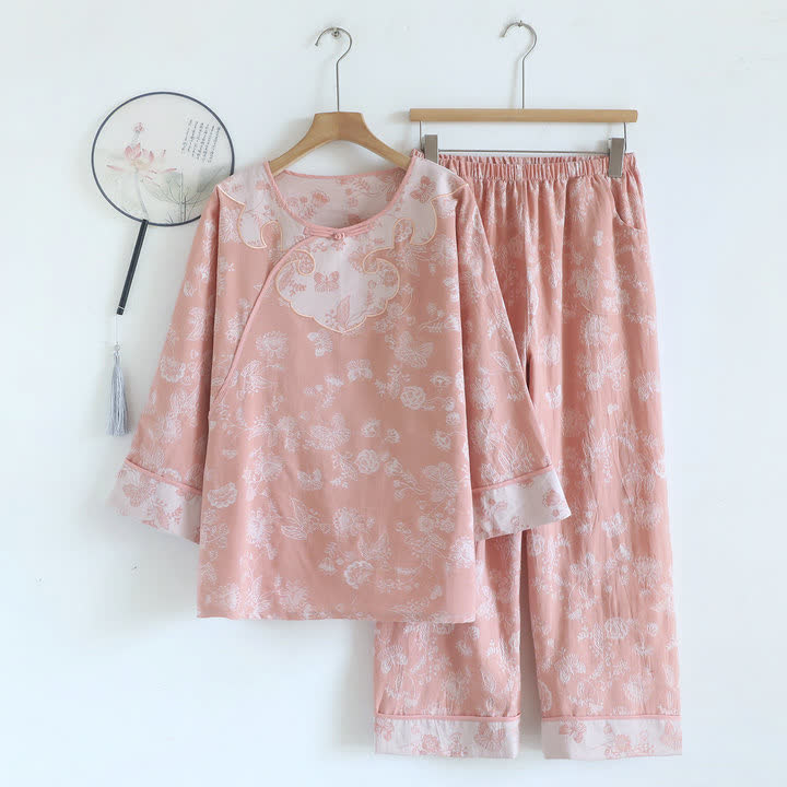 Elegant Cotton Gauze Frog Button Pajama Set - Pink - XL - image 4