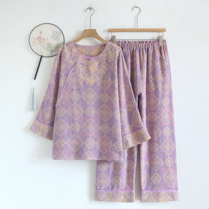 Vintage Oriental Cotton Gauze Lounge Set - Purple - XL - image 0