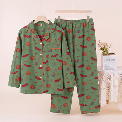 Halloween Pumpkin Bat Cotton Loungewear Set - Green - XL - image 7