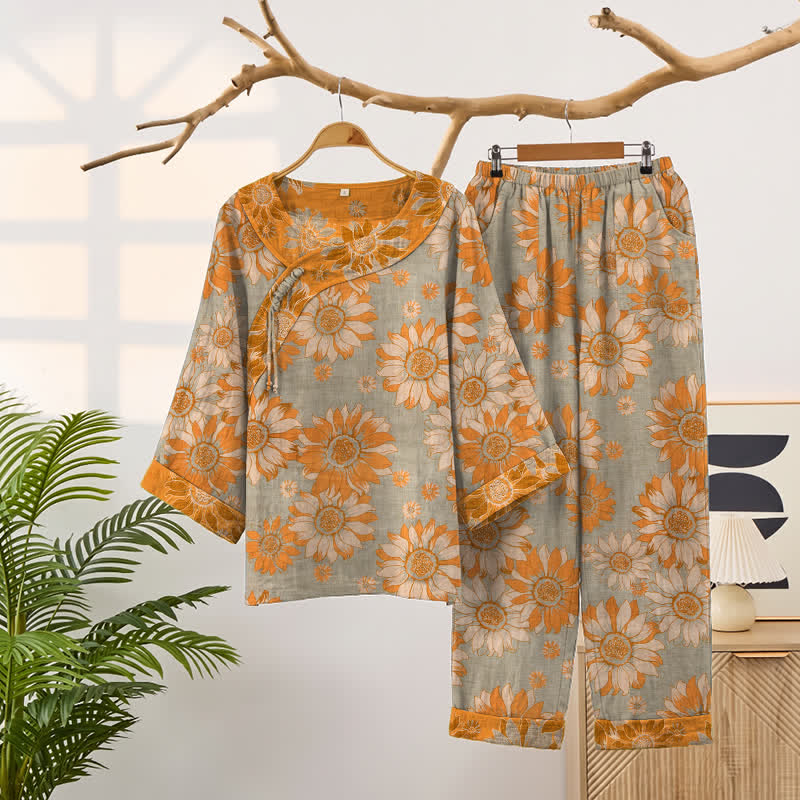 Oriental Sunflower Cotton Pajama Set - Light Gray - XXL - image 6