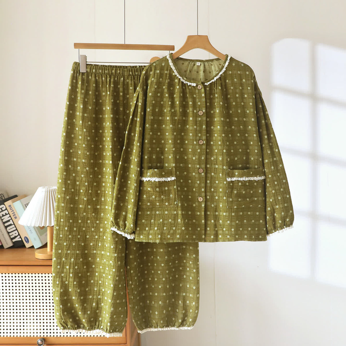 Candy Dot Cotton Gauze Lace Lounge Set - Green - XXL - image 10