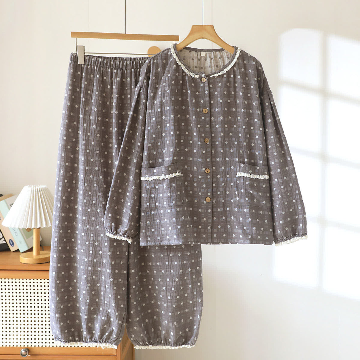Candy Dot Cotton Gauze Lace Lounge Set - Gray - XXL - image 11