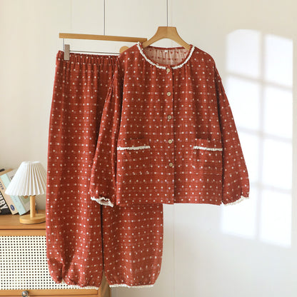 Candy Dot Cotton Gauze Lace Lounge Set - Brick Red - XXL - image 12