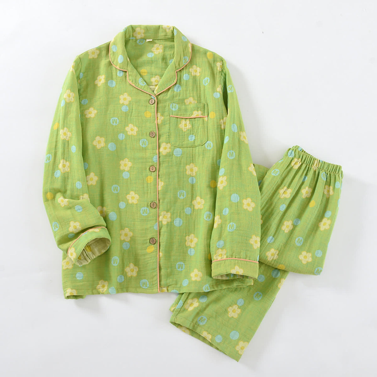 Floral Cotton Piped Loungewear Set - Green - XXL - image 12