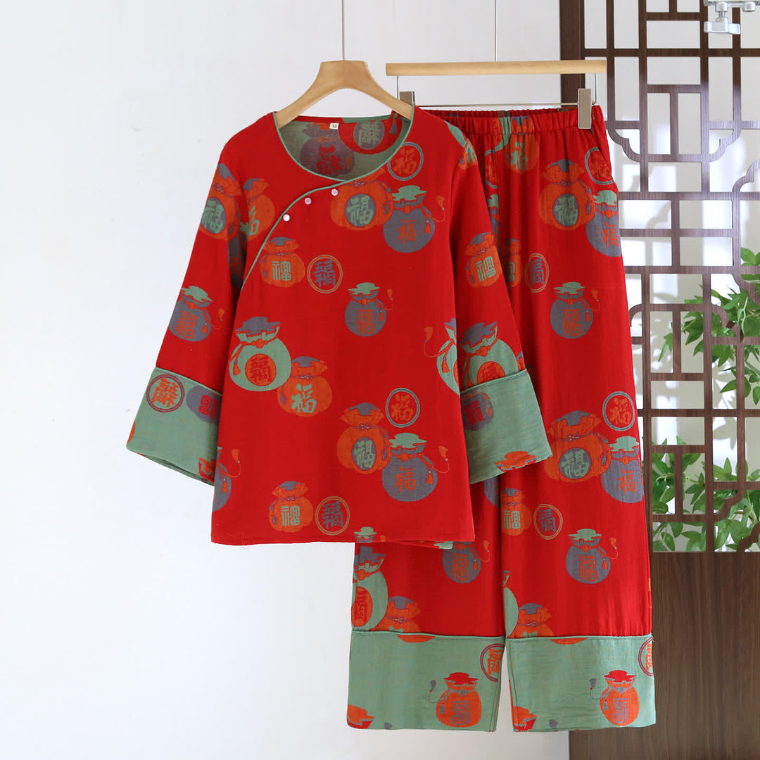Festive Red Cotton Fortune Print Pajama Set - Red - 2XL - image 0