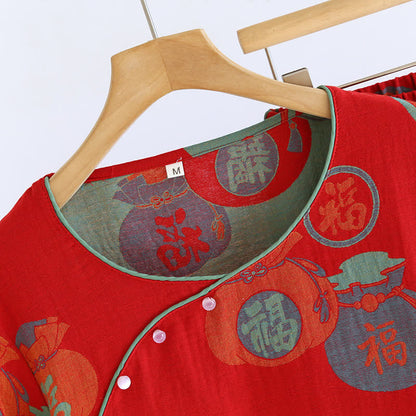 Festive Red Cotton Fortune Print Pajama Set - image 1