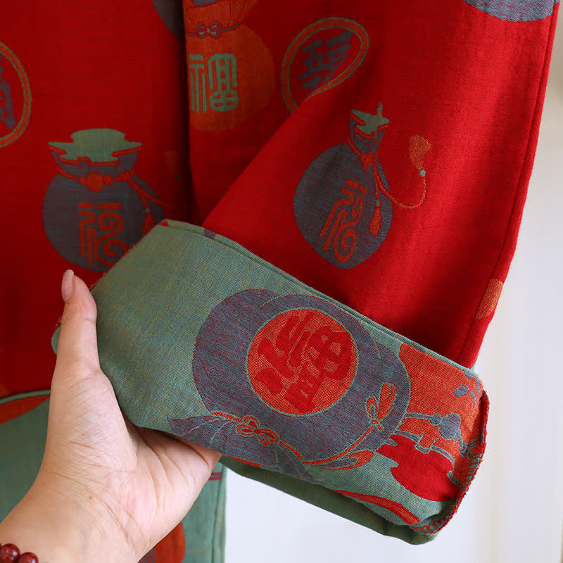 Festive Red Cotton Fortune Print Pajama Set - image 3