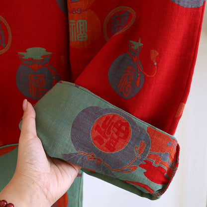 Festive Red Cotton Fortune Print Pajama Set - image 3