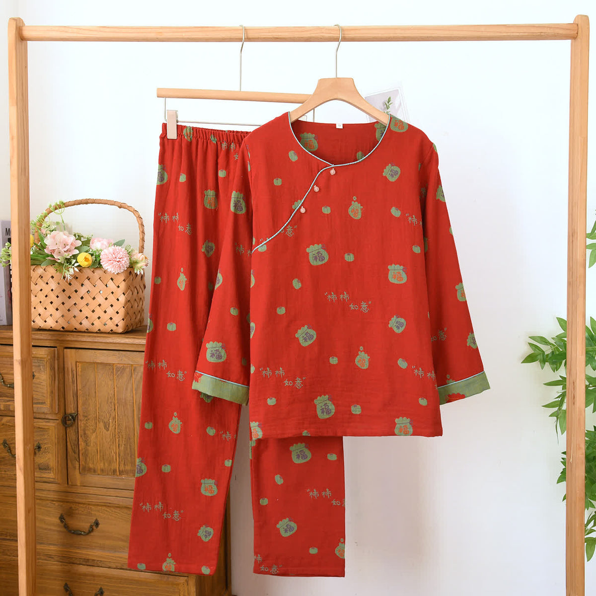 Vintage Festive Red Cotton Home Lounge Set - Red - Round Neck - XL - image 0